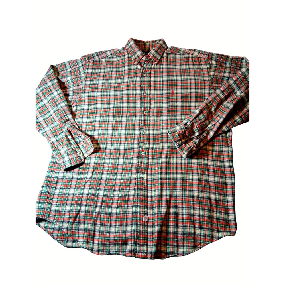 Ralph Lauren Mens Large Plaid Button‎ Down Shirt Red Green Cotton Long Sleeve